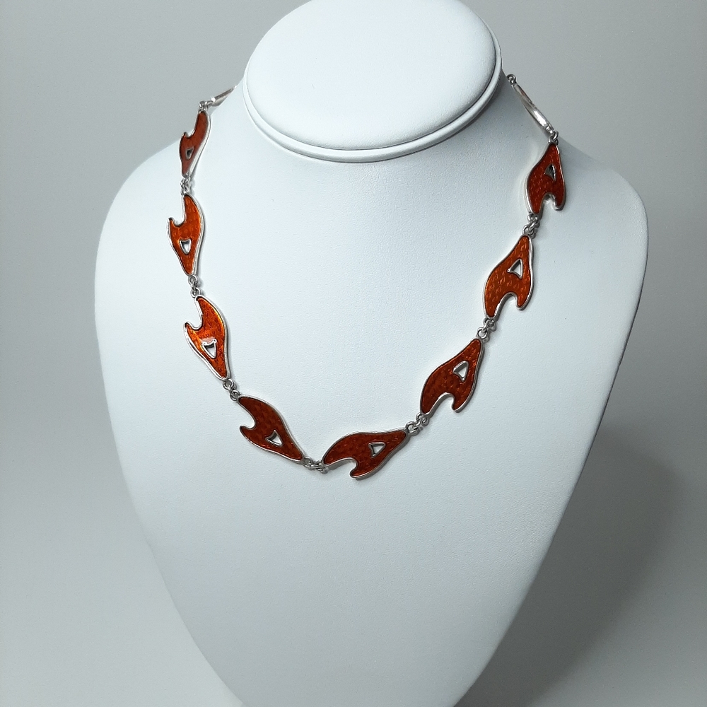 Pilgrim Skanderborg Silver Tone Orange Resin Abstract Shape Link Necklace - Picture 1 of 7